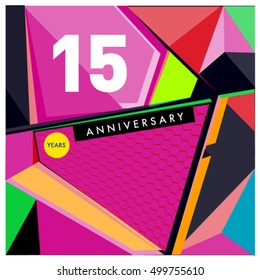 15th years greeting card anniversary with colorful number and frame. logo and icon with Memphis style cover and design template