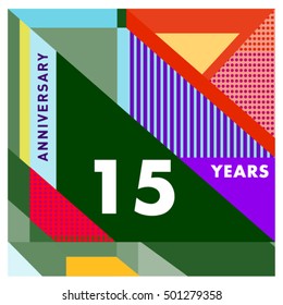 15th years greeting card anniversary with colorful number and frame. Memphis style cover and design template