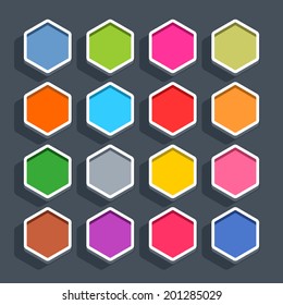 16 3d blank icon in flat style. Set 02 (clicked variant). Colored matted hexagon button with shadow on gray background. This vector illustration web internet design element saved in 8 eps