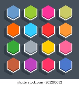 16 3d blank icon in flat style. Set 02 (inactive variant). Colored matted hexagon button with shadow on gray background. This vector illustration web internet design element saved in 8 eps