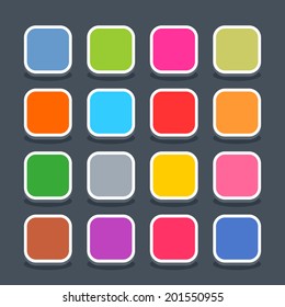16 3d blank icon in flat style. Set 01 (hover variant). Colored satin rounded square button with oval shadow on gray background. Vector illustration web internet design element saved in 8 eps