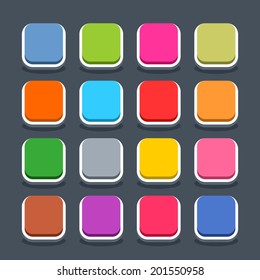 16 3d blank icon in flat style. Set 01 (inactive variant). Colored satin rounded square button with oval shadow on gray background. Vector illustration web internet design element saved in 8 eps