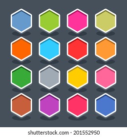 16 3d blank icon in flat style. Set 01 (clicked variant). Colored smooth hexagon button with oval shadow on gray background. Vector illustration web internet design element saved in 8 eps