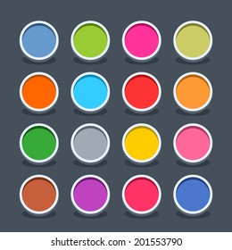 16 3d blank icon in flat style. Set 01 (clicked variant). Colored soft circle button with oval shadow on gray background. Vector illustration web internet design element saved in 8 eps