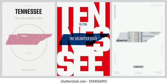 16 von 50 Sets, US-Staatsposter mit Namen und Informationen in 3 Design-Stilen, Detaillierte Vektorgrafik-Karte Tennessee-Karte