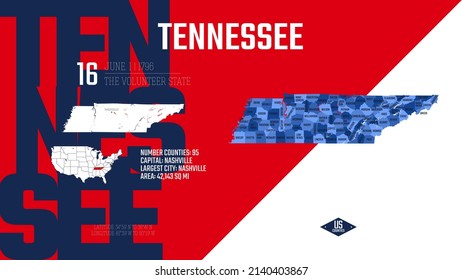 16 of 50 states of the United States, divided into counties with territory nicknames, Detailed vector Tennessee Map with name and date admitted to the Union, travel poster and postcard