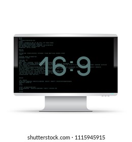 16 to 9 computer monitor on white background. Wide screen modern electronic device. PC desktop template with code and size text message