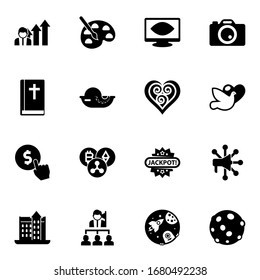 16 abstract filled icons set isolated on white background. Icons set with Business opportunity, Painting, Computer Vision, Bible, seafood, Quilling, Cost per click, Cryptocurrency icons.