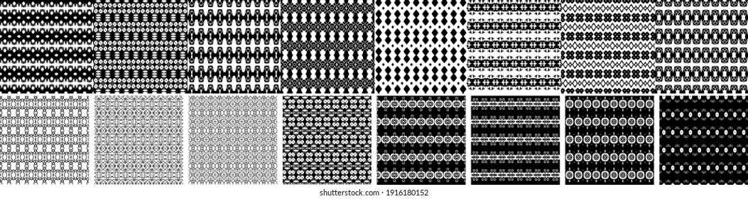 16 diseños y patrones geométricos abstractos sin fisuras en color blanco y negro, monocromo. Se puede usar textura sin fin para fondo de escritorio, el patrón rellena el fondo de su página web, texturas superficiales.
