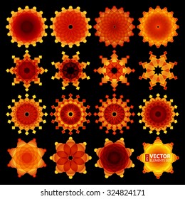 16 Abstract yellow, orange and red blended round and rectangle shape star logos on black background. RGB EPS 10 vector elements set