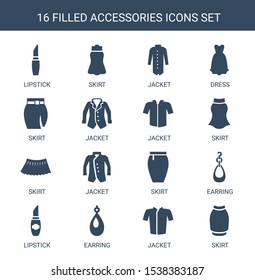 16 accessories icons. Trendy accessories icons white background. Included filled icons such as lipstick, skirt, jacket, dress, earring. accessories icon for web and mobile.