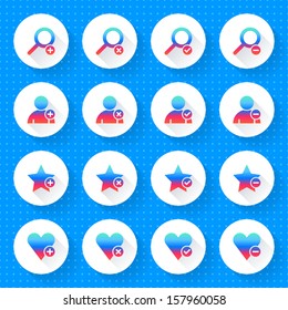 16 addition icon set 07 (gradient sign on white). Circle web internet button on blue background with blueprint paper texture imitation. Simple flat long shadow style. Vector illustration design 10 eps