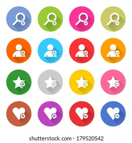 16 addition icon set 07 (white sign on color). Circle web button on white background. Simple minimalistic mono flat long shadow style. Vector illustration internet design graphic element 10 eps
