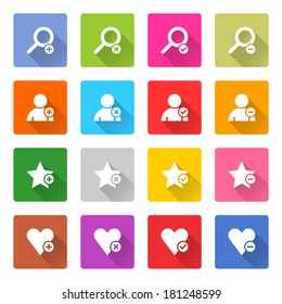 16 addition icon set 07 (white sign on color). Square web button on white background. Simple minimalistic mono flat long shadow style. Vector illustration internet design graphic element 10 eps