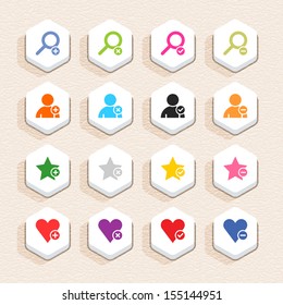 16 addition sign icon set 07 (color on white). Hexagon button web internet shape with shadow on beige paper background plastic texture. Simple flat style. Vector illustration design element in 10 eps