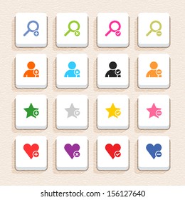 16 addition sign icon set 07 (color on white). Square web internet button with long shadow on beige paper background plastic texture. Simple flat style. Vector illustration design element 10 eps