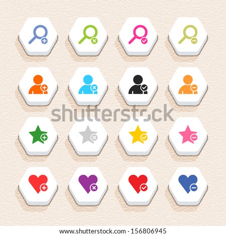16 addition sign icon set 07 (color on white). Hexagon button web internet shape with shadow on beige paper background plastic texture. Simple flat style. Vector illustration design element 10 eps