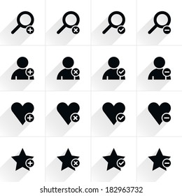 16 additional sign flat icon with gray long shadow (set 07). Black sign on white background. Tidy, clean, simple, minimal, solid, plain style. Vector illustration web internet design element 8 eps