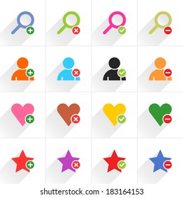 16 additional sign flat icon with long shadow (set 07 two). Blue, green, pink, orange, brown, yellow, violet, purple, red, cobalt, magenta signs on white background. Vector illustration element 8 eps