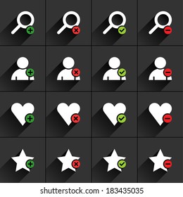 16 additional sign flat icon with long shadow (set 07 color). White sign on dark gray background. Tidy, simple, minimal, solid, plain style. Vector illustration web internet design element 8 eps