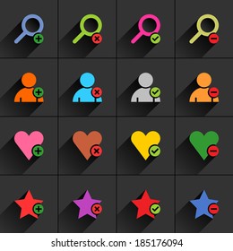 16 additional sign flat icon with black long shadow (set 07 two). Vector illustration web design element in 8 eps. Blue, green, pink, orange, brown, yellow, purple, red signs on dark gray background