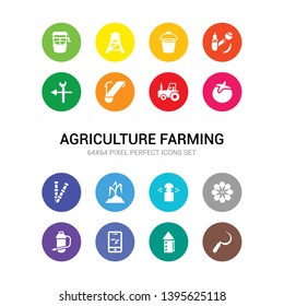 16 agriculture farming vector icons set included sickle, silo, smart farm, sprayer, spring flower, sprinkler, sprout, sugar, tomato, tractor, trough icons
