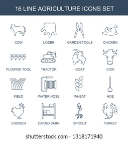 16 agriculture icons. Trendy agriculture icons white background. Included line icons such as cow, udder, garden tools, chicken, plowing tool. agriculture icon for web and mobile.