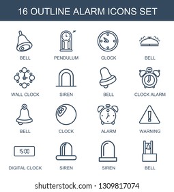 16 alarm icons. Trendy alarm icons white background. Included outline icons such as bell, pendulum, clock, wall clock, siren, Bell, clock alarm. alarm icon for web and mobile.