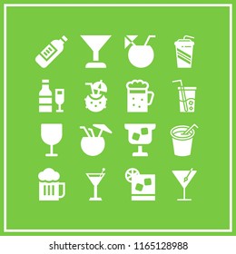 16 alcoholic vector icon set with wine, wine bottle, cocktail and soft drink icons for mobile and web