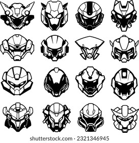 16 alien robot heads icons in black over white