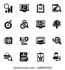 16 analysis filled icons set isolated on white background. Icons set with Semantic Analysis, analytics app, tactics, Target keywords, Search optimization, Accounting software icons.