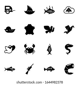 16 animal filled icons set isolated on white background. Icons set with pet trailer, shark fin, grilled fish, seafood, leather, Dove, dove, crab, Origami, tuna, Hunting icons.