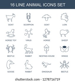 16 animal icons. Trendy animal icons white background. Included line icons such as goat, scorpion, lion, horse toy, virus, horse, sheep, beetle. animal icon for web and mobile.
