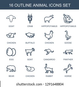 16 animal icons. Trendy animal icons white background. Included outline icons such as goat, crab, hippopotamus, chicken, buffalo, goose, egg, cangaroo. animal icon for web and mobile.