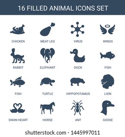 16 animal icons. Trendy animal icons white background. Included filled icons such as chicken, meat leg, virus, wings, rabbit, elephant, duck, fish. animal icon for web and mobile.