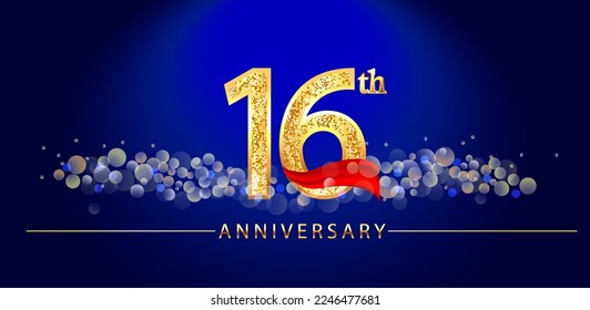 16 anniversary celebration. 16th anniversary celebration. 16 year anniversary celebration logo with glitter, confetti, red ribbon and blue background.