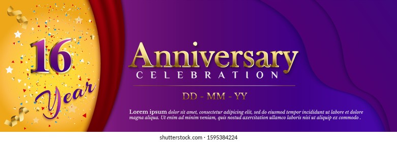 16 Anniversary celebration banner template with ribbon and red curtain on luxury purple paper cut background