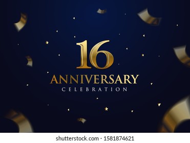  16 Anniversary celebration design on luxury royal blue background with stars, glitters and streamer ribbons. Vector festive illustration. Birthday or wedding party event decoration.