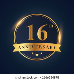 16 anniversary celebration logotype. Golden colored isolated on black blue background, vector design for greeting card and invitation card and celebration event
