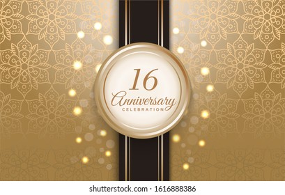 16 Anniversary celebration with luxury golden circle frame on the ribbon and pattern background.