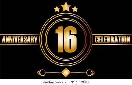 16 anniversary celebration. Sixteen years birthday celebration banner with bright gold color.