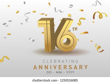 16 Anniversary gold numbers with golden confetti. Celebration 16th anniversary event party template.