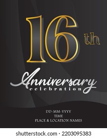 16 Anniversary Invitation and Greeting Card Design, Golden and Silver Coloured, Elegant Design, Isolated on Black Background. Vector illustration.