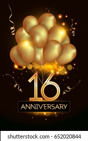 16 Anniversary Logo Celebration with Golden balloon and confetti, Isolated on dark Background