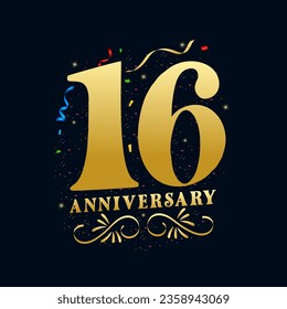 16 Anniversary luxurious Golden color 16 Years Anniversary Celebration Logo Design Template