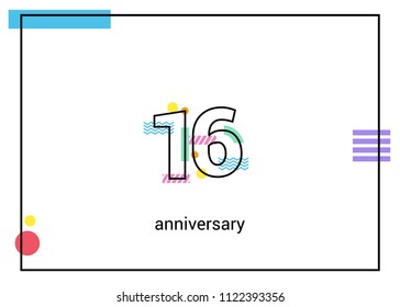 16 Anniversary simple black line with memphis ornaments isolated on white background