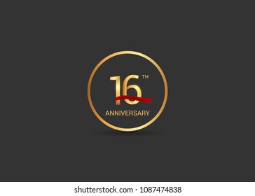 16 anniversary vector design golden color with ring and red ribbon isolated on black background
