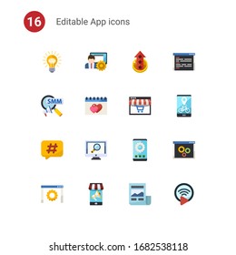 Iconos planos de 16 aplicaciones establecidos aislados en . Iconos con Idea, administración de medios sociales, nivel superior, Mercadeo Social, citas, Aprendizaje a Distancia, Etiqueta, aplicación de análisis, iconos de desarrollo de aplicaciones.