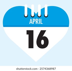 16 April calendar icon blue heart shape on light sky blue color background, calendar vector symbol for the month of April.