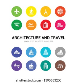 16 architecture and travel vector icons set included bridge, building, cable car, canoe, cathedral of saint basil, chichen itza, chinese temple, city hall, colosseum, column, departures icons